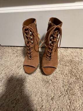 Bar III Emiko Brown Suede Open-Toe Lace-Up Heeled Booties